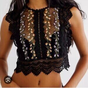 Free People Bisoux Embroidered Lace Crop Top